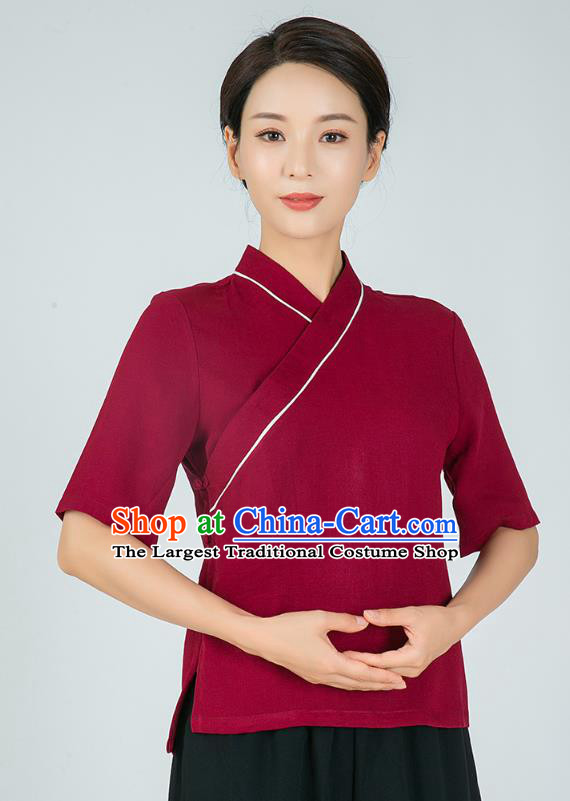 Professional Chinese Tai Chi Wine Red Flax Blouse and Pants Outfits Martial Arts Shaolin Gongfu Costumes Kung Fu Training Garment for Women