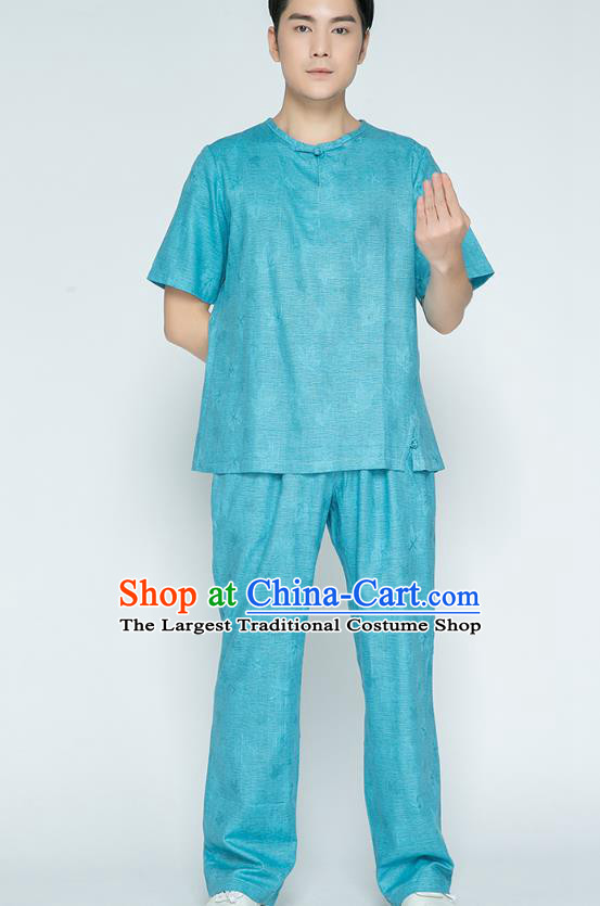 Top Grade Chinese Martial Arts Training Jacquard Blue Flax Uniforms Kung Fu Costume Shaolin Gongfu Tai Ji Shirt and Pants for Men