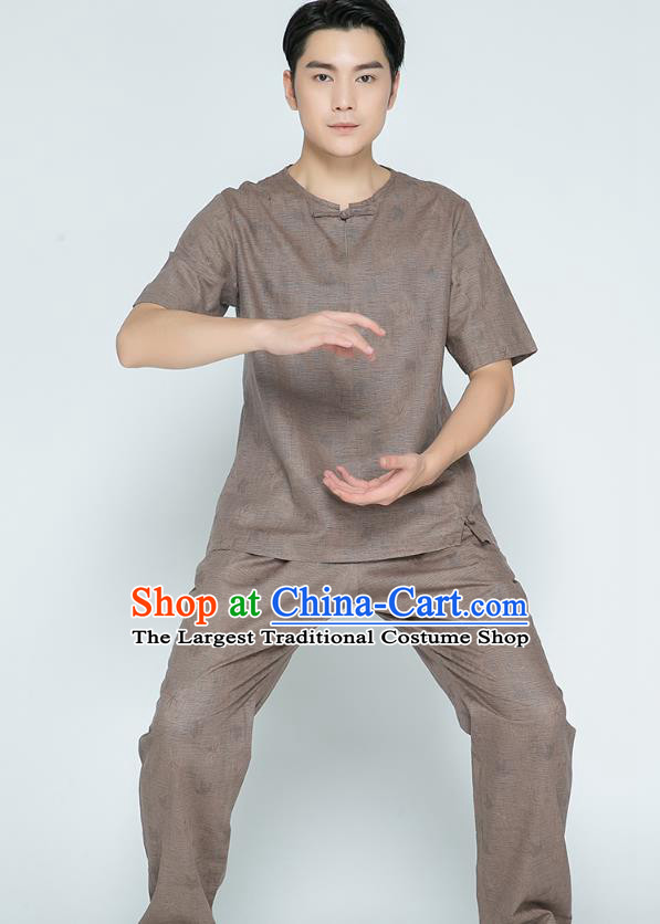 Top Grade Chinese Martial Arts Training Jacquard Brown Flax Uniforms Kung Fu Costume Shaolin Gongfu Tai Ji Shirt and Pants for Men