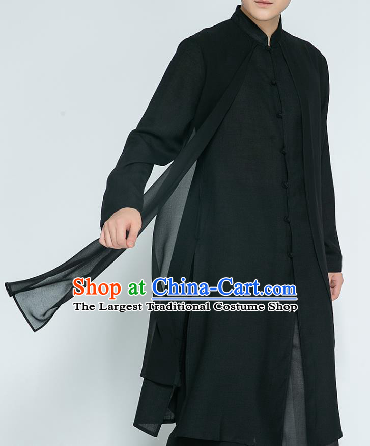 Top Grade Chinese Tai Ji Training Black Cloak Uniforms Kung Fu Martial Arts Costume Shaolin Gongfu Shirt and Pants for Men