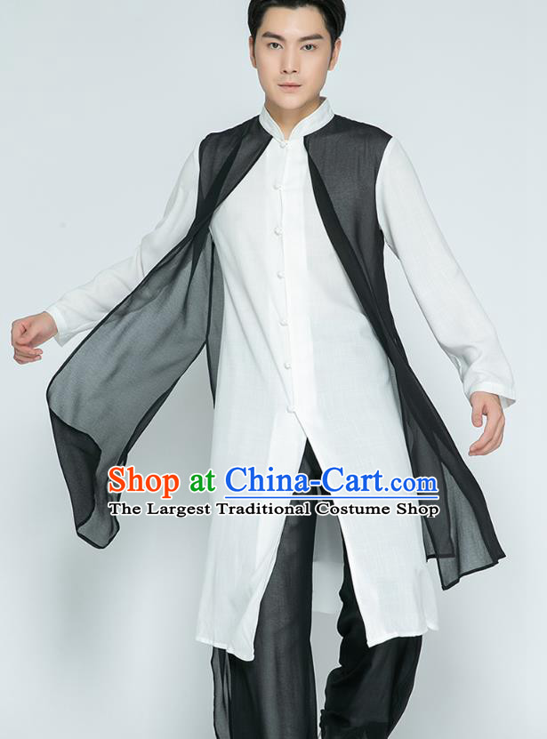 Top Grade Chinese Tai Ji Training Black Veil Cloak Uniforms Kung Fu Martial Arts Costume Shaolin Gongfu Shirt and Pants for Men