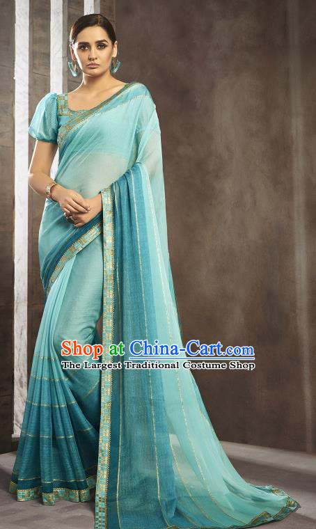 Asian India National Bride Light Blue Chiffon Saree Dress Asia Indian Festival Blouse and Sari Traditional Bollywood Dance Costumes for Women