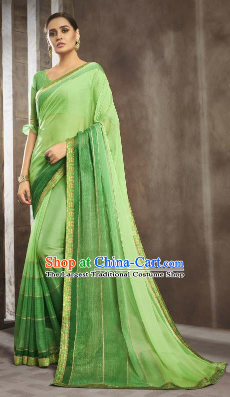 Asian India National Bride Green Chiffon Saree Dress Asia Indian Festival Blouse and Sari Traditional Bollywood Dance Costumes for Women