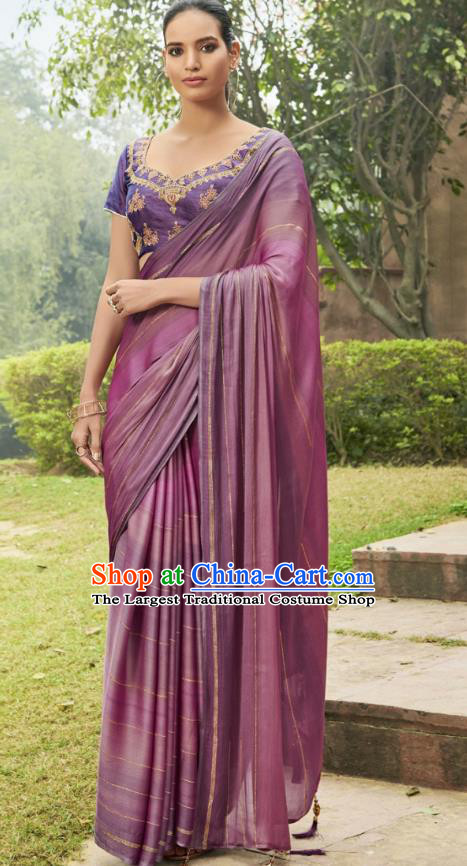 Asian India National Female Violet Chiffon Saree Dress Traditional Bollywood Dance Costumes Asia Indian Festival Blouse and Sari for Women