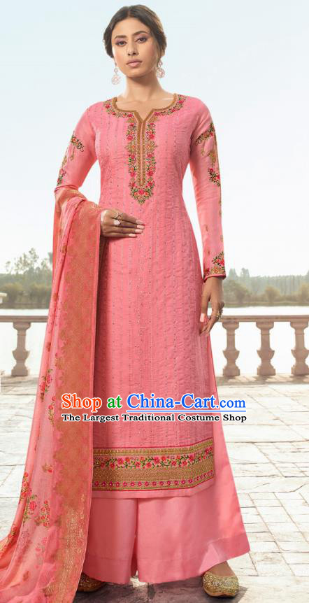 Asian India Traditional Costumes Asia Indian National Festival Punjab Suits Pink Silk Long Blouse Shawl and Loose Pants Complete Set
