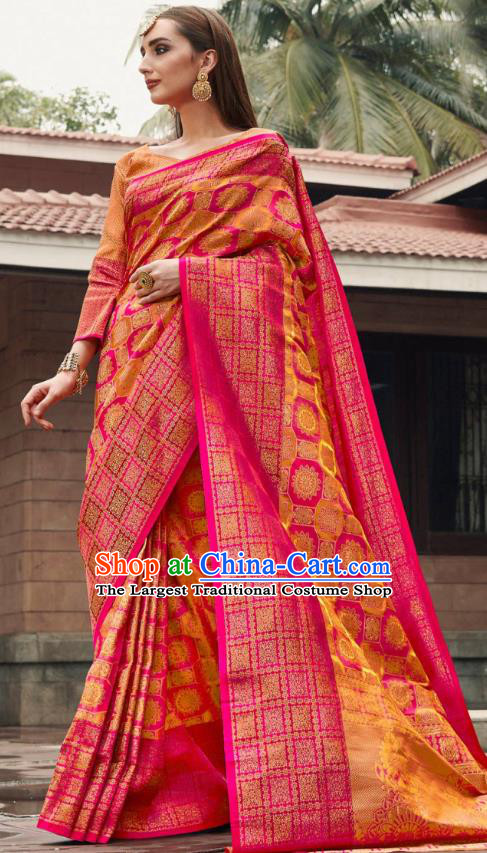 Asian India Court Rosy Silk Saree Traditional Bollywood Dance Costumes Asia Indian National Festival Blouse and Sari Dress for Women