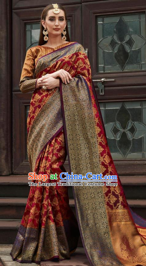 Asian India Court Maroon Silk Saree Traditional Bollywood Dance Costumes Asia Indian National Festival Blouse and Sari Dress for Women