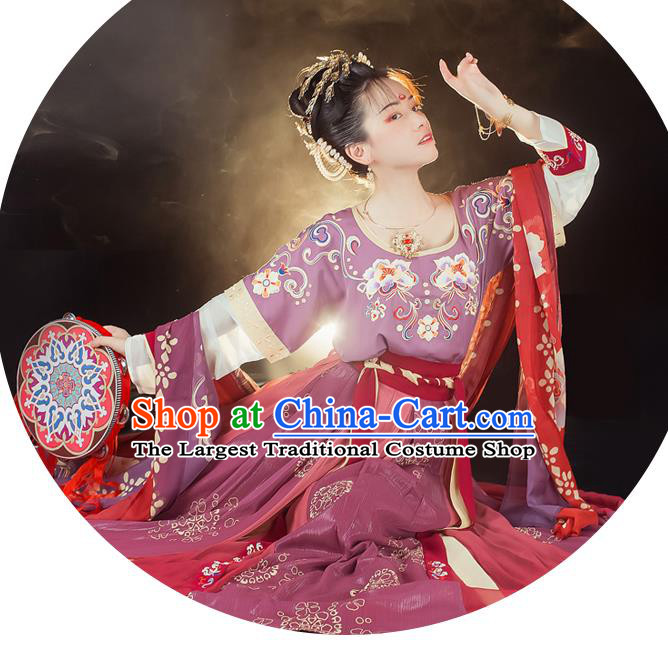Traditional Chinese Tang Dynasty Court Maid Historical Costumes Ancient Palace Lady Hanfu Dress Apparel Half Sleeved Garment Blouse and Skirt Full Set