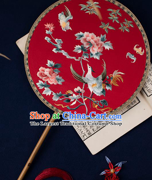 China Traditional Wedding Silk Fan Embroidered Phoenix Peony Palace Fan Handmade Hanfu Circular Fan