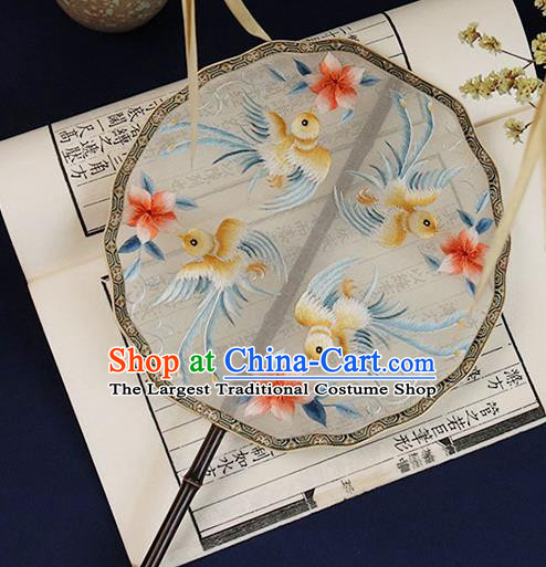 China Handmade Ebony Hanfu Fan Embroidered Flower Birds Palace Fan Traditional White Silk Fan