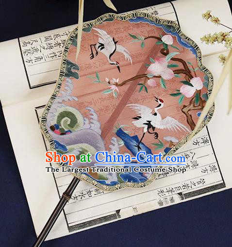 China Traditional Pink Silk Fan Handmade Hanfu Fan Embroidered Crane Peach Palace Fan