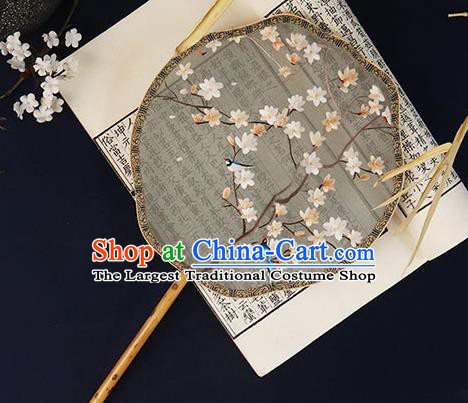 China Traditional Court Grey Silk Fan Handmade Bride Hanfu Fan Embroidered Mangnolia Palace Fan
