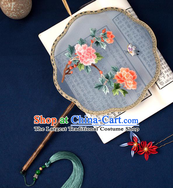 China Embroidered Peony Palace Fan Handmade Hanfu Fan Traditional Blue Silk Fan