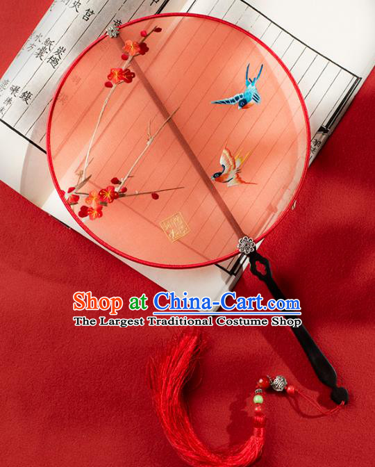 China Traditional Circular Fan Bride Red Silk Fan Double Side Hanfu Fan Handmade Suzhou Embroidered Plum Swallow Palace Fan