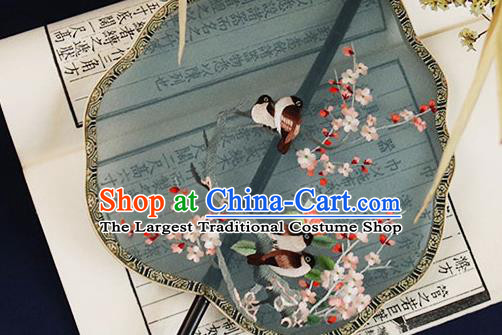 China Handmade Ebony Hanfu Fan Traditional Blue Silk Fan Embroidered Plum Birds Palace Fan