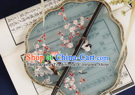 China Handmade Ebony Hanfu Fan Traditional Blue Silk Fan Embroidered Plum Birds Palace Fan