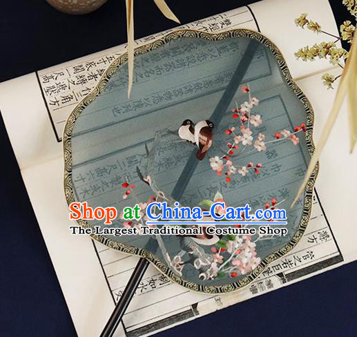 China Handmade Ebony Hanfu Fan Traditional Blue Silk Fan Embroidered Plum Birds Palace Fan