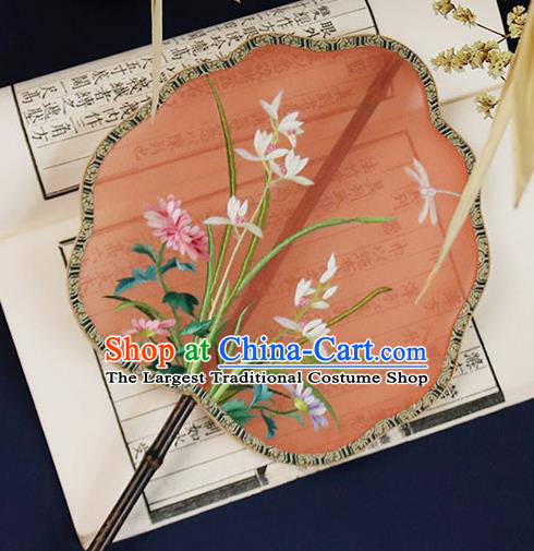China Traditional Orange Silk Fan Embroidered Orchids Palace Fan Handmade Ebony Hanfu Fan