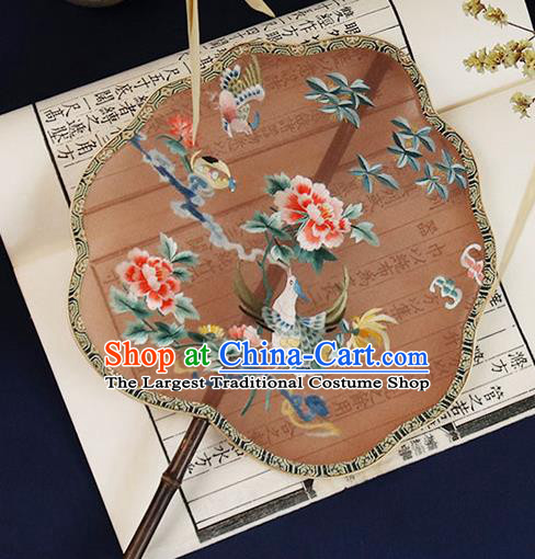 China Embroidered Phoenix Peony Palace Fan Handmade Ebony Hanfu Fan Traditional Maroon Silk Fan