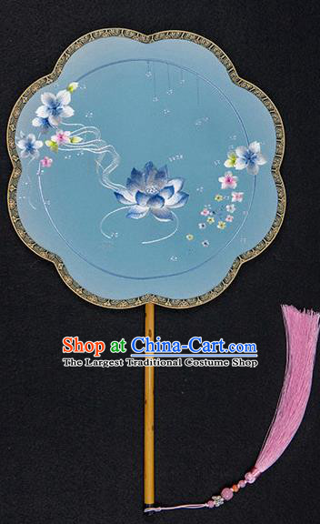China Traditional Embroidered Lotus Fan Classical Hanfu Blue Silk Fan Handmade Wedding Palace Fan