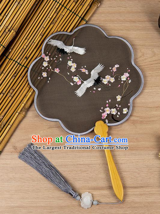 China Classical Hanfu Black Silk Fan Ancient Princess Palace Fan Handmade Traditional Embroidered Crane Plum Fan