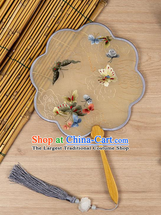 China Classical Hanfu Beige Silk Fan Ancient Princess Palace Fan Handmade Traditional Embroidered Butterfly Fan