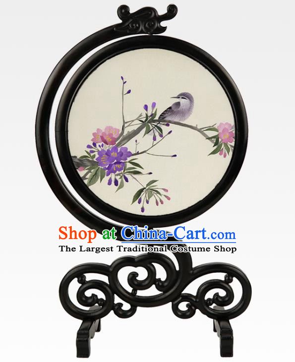 China Suzhou Embroidery Silk Craft Embroidered Plum Bird Desk Screen Handmade Sandalwood Table Ornament