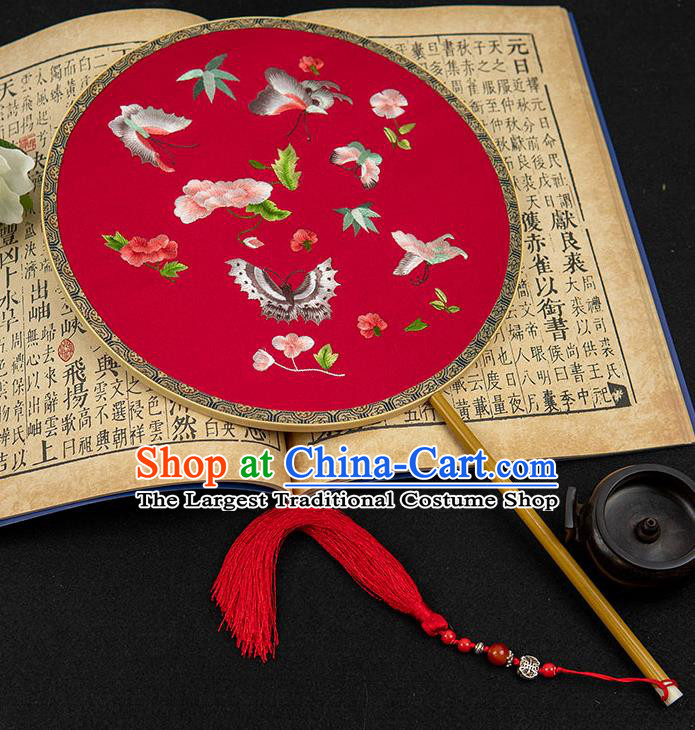 China Classical Hanfu Red Silk Fan Handmade Wedding Palace Fan Traditional Embroidered Flowers Butterfly Circular Fan