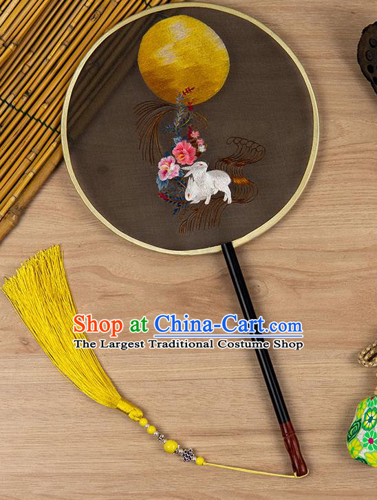 China Traditional Embroidered Moon Rabbit Circular Fan Ancient Noble Lady Palace Fan Classical Hanfu Black Silk Fan Handmade