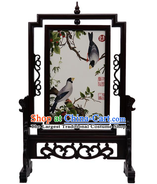 Handmade China Suzhou Embroidery Craft Embroidered Double Side Desk Screen Rosewood Table Ornament