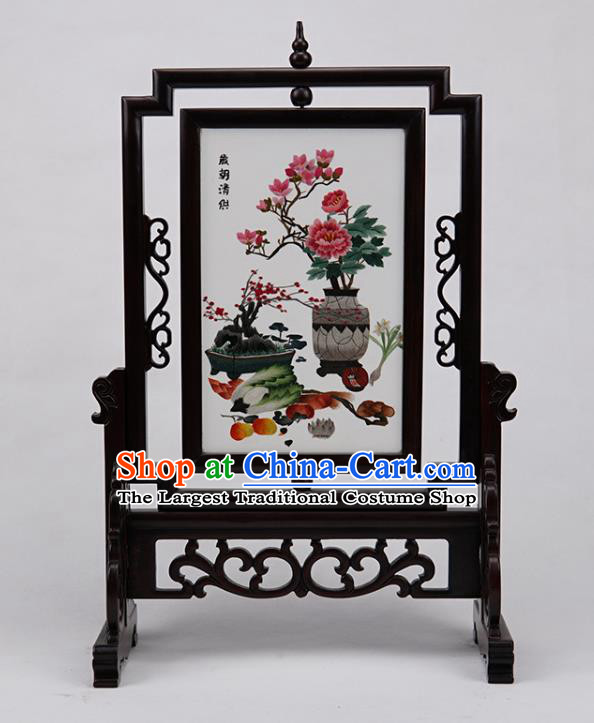 Handmade China Embroidered Double Side Desk Screen Rosewood Table Ornament Suzhou Embroidery Peony Plum Craft