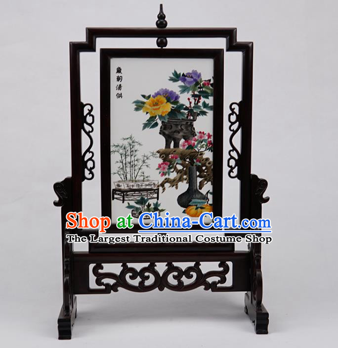 Handmade China Rosewood Table Ornament Suzhou Double Side Embroidery Craft Embroidered Peony Desk Screen