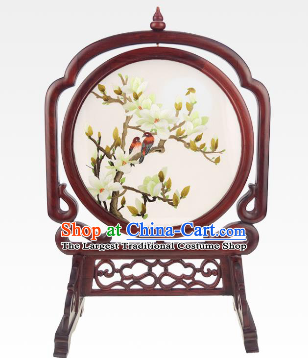China Embroidered Mangnolia Rosewood Desk Screen Handmade Double Side Suzhou Embroidery Silk Craft