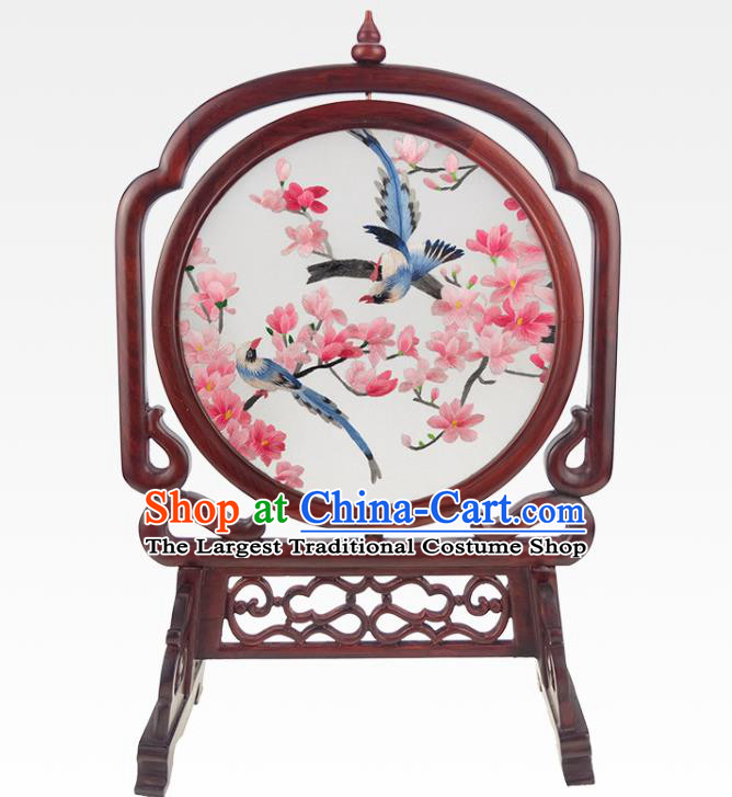 China Traditional Embroidered Peach Blossom Desk Screen Rosewood Craft Handmade Table Ornament