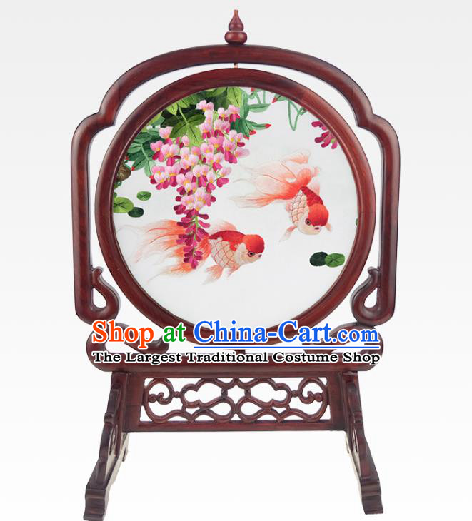 China Embroidered Wisteria Desk Screen Handmade Table Ornament Traditional Rosewood Craft