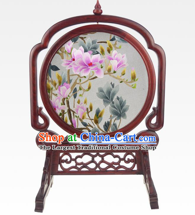 China Handmade Table Ornament Traditional Rosewood Desk Screen Embroidered Mangnolia Craft