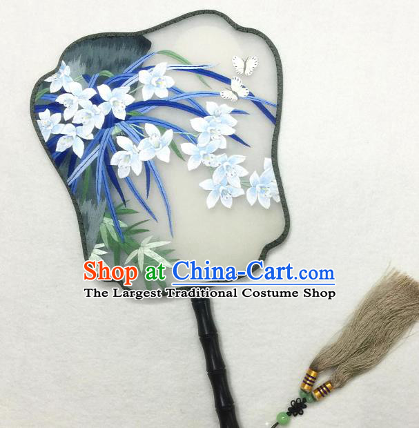 China Traditional Palace Fan Classical Dance Hanfu Fan Handmade Suzhou Embroidered Orchids Silk Fan