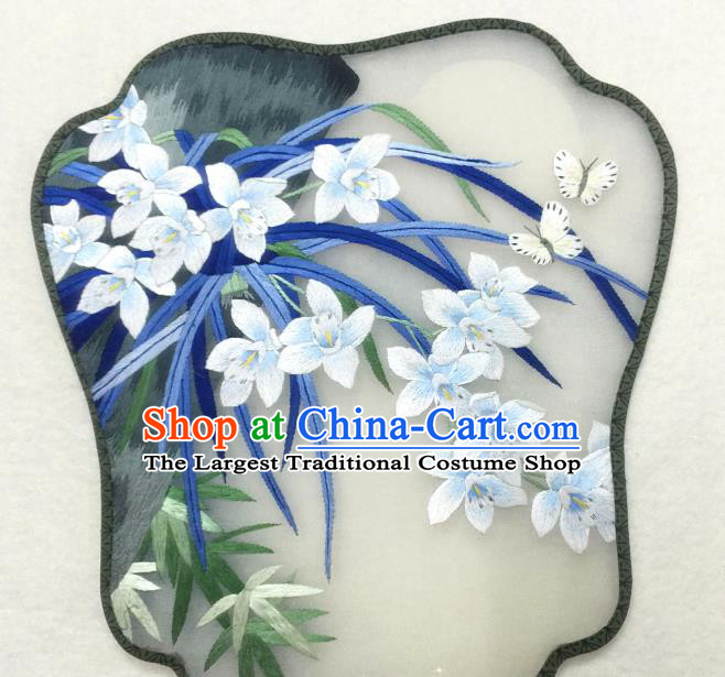 China Traditional Palace Fan Classical Dance Hanfu Fan Handmade Suzhou Embroidered Orchids Silk Fan