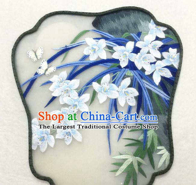 China Traditional Palace Fan Classical Dance Hanfu Fan Handmade Suzhou Embroidered Orchids Silk Fan