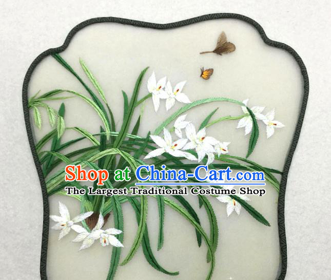 China Traditional Palace Fan Classical Dance Silk Fan Handmade Suzhou Embroidered Orchids Silk Fan