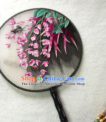 China Classical Dance Circular Fan Traditional Suzhou Embroidered Phalaenopsis Palace Fan Handmade Black Silk Fan