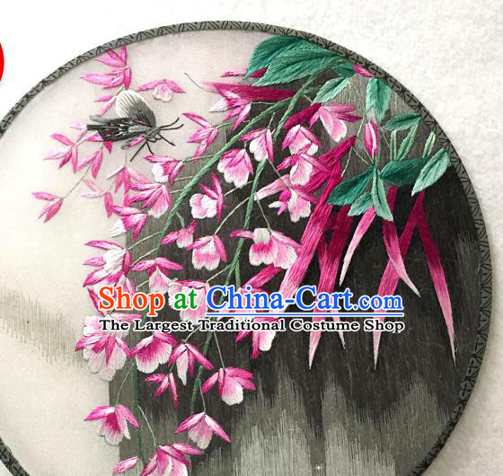 China Classical Dance Circular Fan Traditional Suzhou Embroidered Phalaenopsis Palace Fan Handmade Black Silk Fan