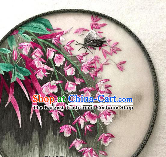 China Classical Dance Circular Fan Traditional Suzhou Embroidered Phalaenopsis Palace Fan Handmade Black Silk Fan