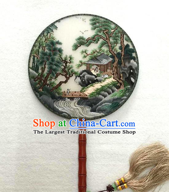 China Classical Dance Circular Silk Fan Traditional Suzhou Embroidered Landscape Fan Handmade Double Sides Palace Fan