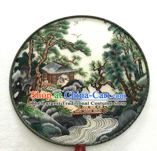 China Classical Dance Circular Silk Fan Traditional Suzhou Embroidered Landscape Fan Handmade Double Sides Palace Fan