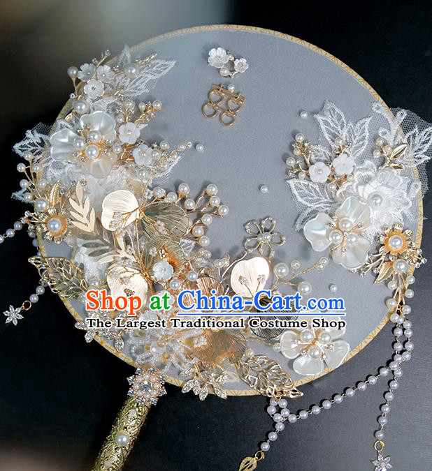 China Traditional Handmade Shell Flowers Palace Fan Classical Wedding Circular Fan