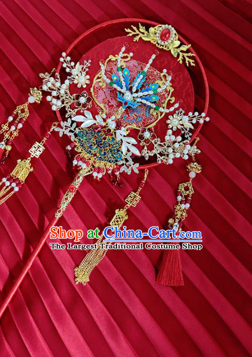 China Traditional Handmade Blueing Phoenix Palace Fan Classical Wedding Red Tassel Circular Fan