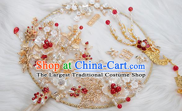 China Traditional Handmade Shell Plum Blossom Palace Fan Classical Wedding Golden Phoenix Circular Fan