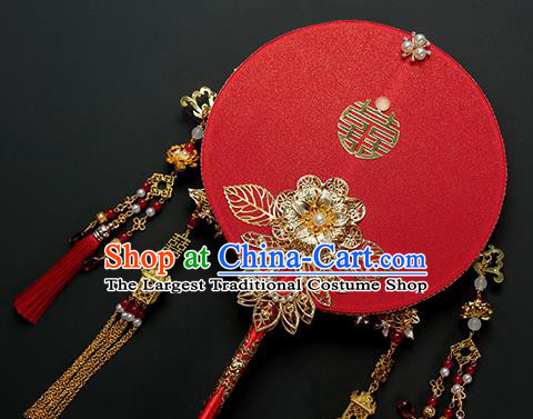 China Classical Wedding Golden Tassel Circular Fan Handmade Palace Fan Traditional Red Fan