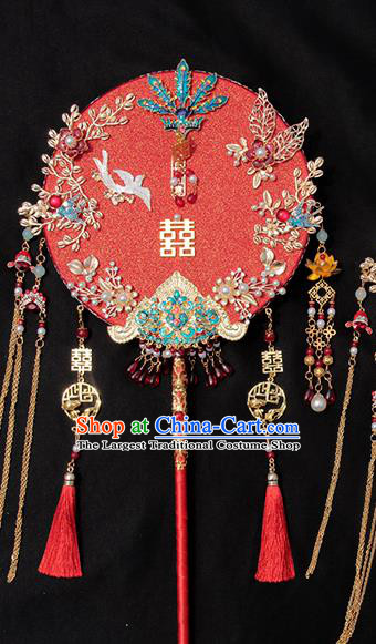 China Traditional Blueing Phoenix Red Fan Handmade Palace Fan Classical Wedding Circular Fan